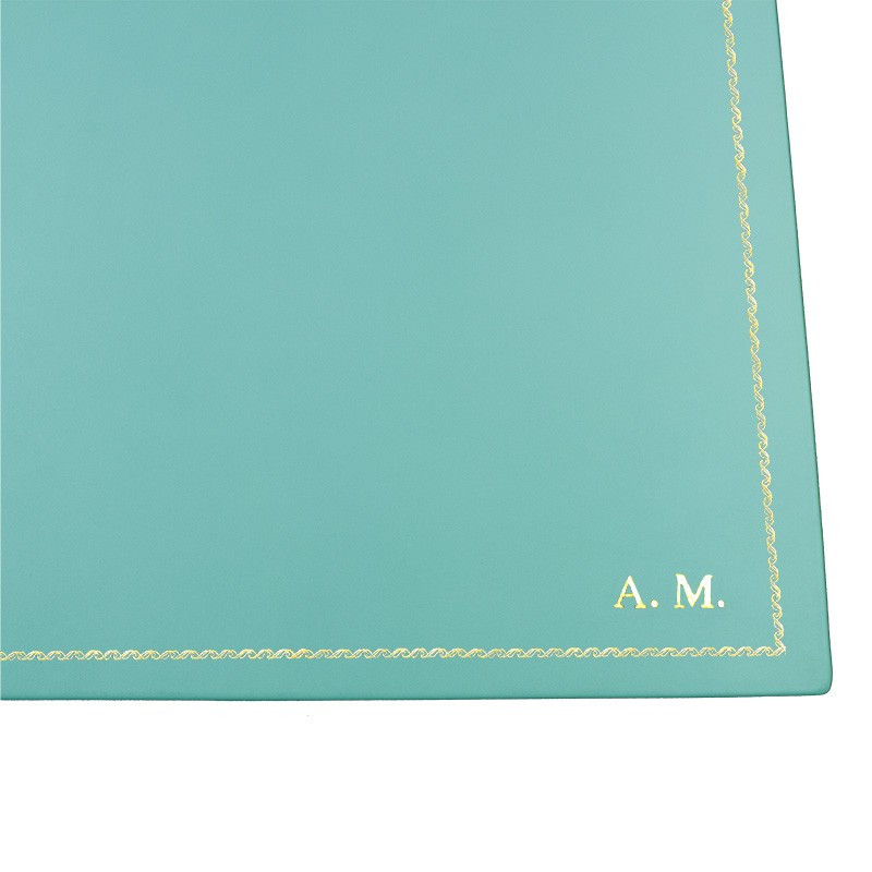 Turquoise leather desk pad, blue calf leather - Conti Borbone - Customizable mat - 133 decoration - block letters