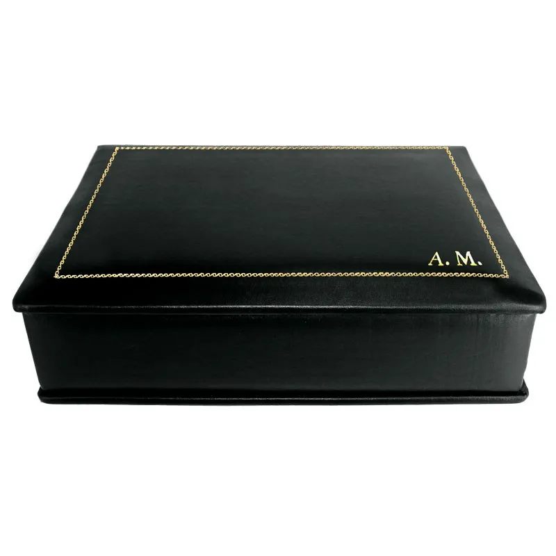 Cofanetto pelle dark in pelle di vitello liscio nero - Conti Borbone - decorazione in oro - stampatello - alto