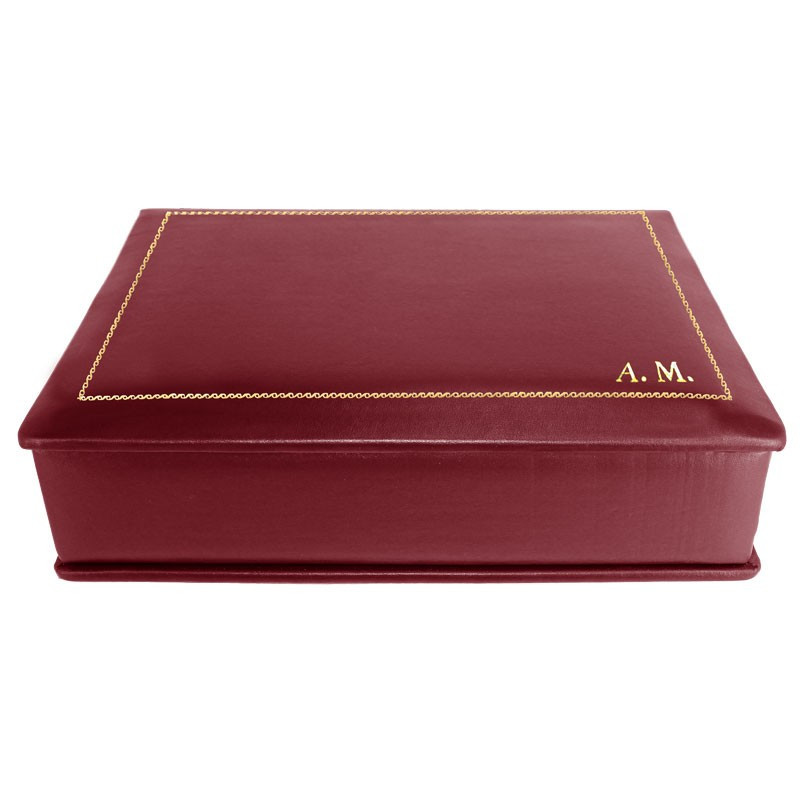 Cofanetto pelle Rubino in pelle di vitello liscio bordeaux - Conti Borbone - decorazione in oro - stampatello - lato