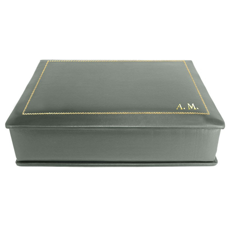 Cofanetto pelle graffite in pelle di vitello liscio grigio - Conti Borbone - decorazione in oro - corsivo - lato