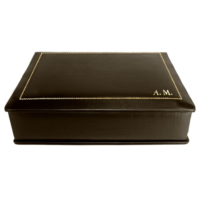Cofanetto pelle Cioccolato in pelle di vitello liscio marrone - Conti Borbone - decorazione in oro - corsivo - lato