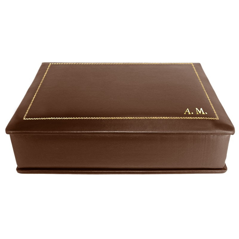 Cofanetto pelle Cuoio in pelle di vitello liscio marrone - Conti Borbone - decorazione in oro - corsivo - lato