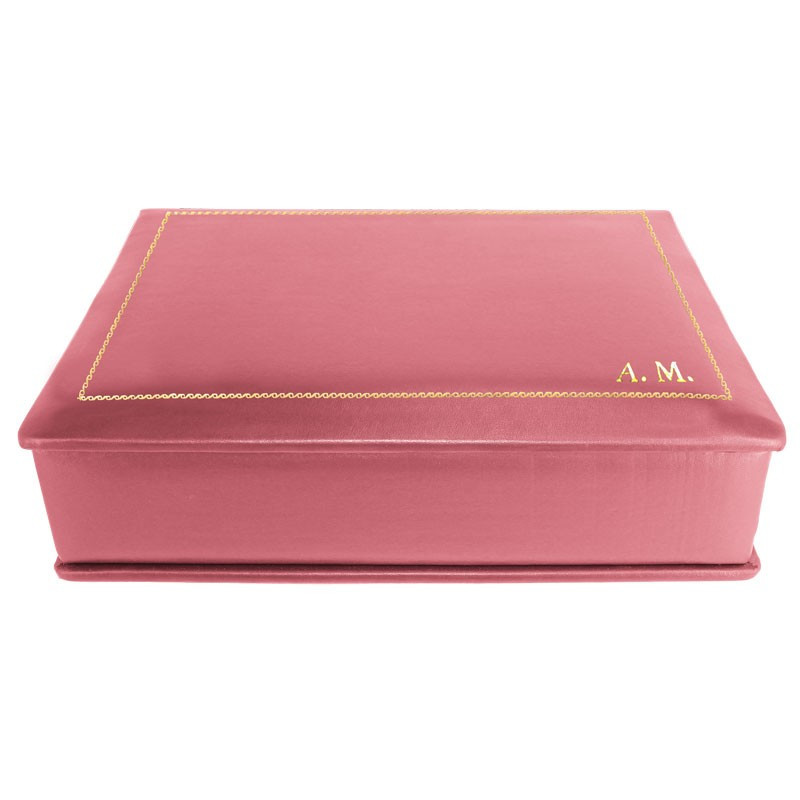 Cofanetto pelle Fuxia in pelle di vitello liscio rosa - Conti Borbone - decorazione in oro - stampatello - lato