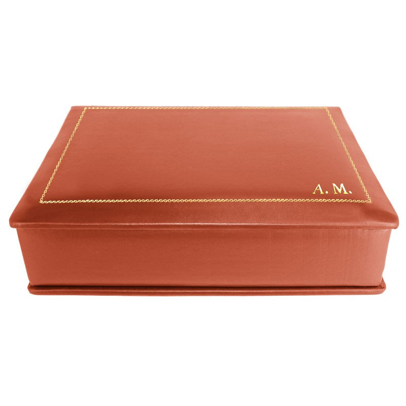 Coral leather box -  smooth red calfskin - Conti Borbone - flocked interior - gold decoration - block letters - side