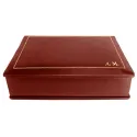 Erdbeerlederschatulle - glattes rotes Kalbsleder - Conti Borbone - innen beflockt - Goldverzierung - Blockschrift - Seite