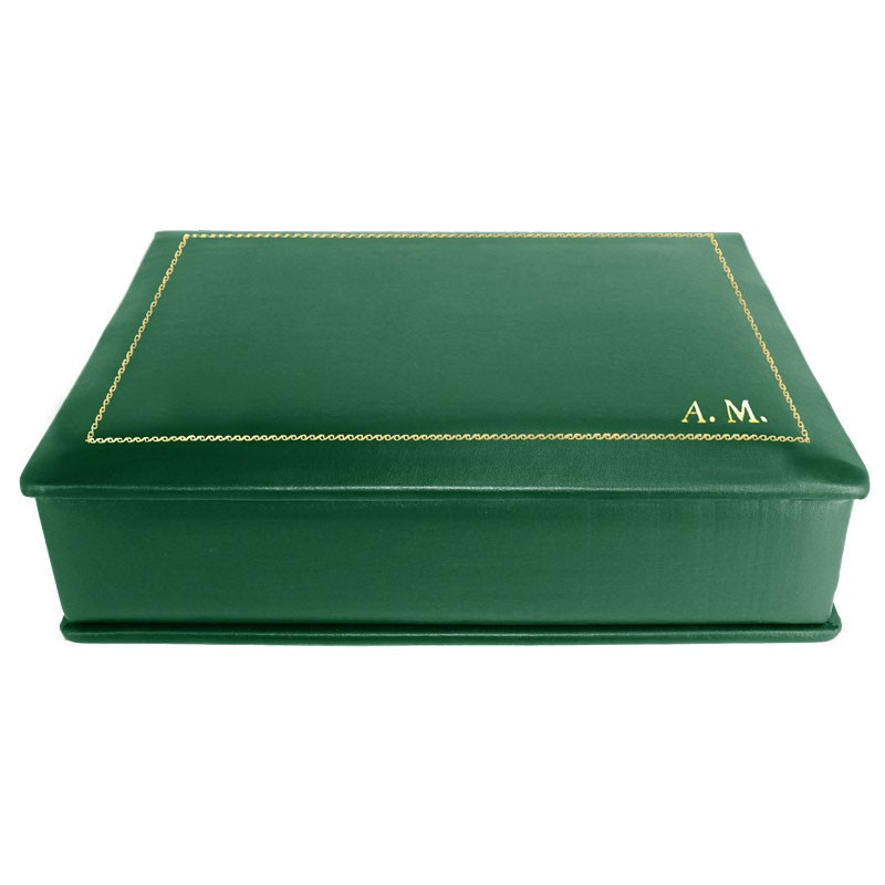 Pino leather box -  smooth green calfskin - Conti Borbone - flocked interior - gold decoration - block letters - side