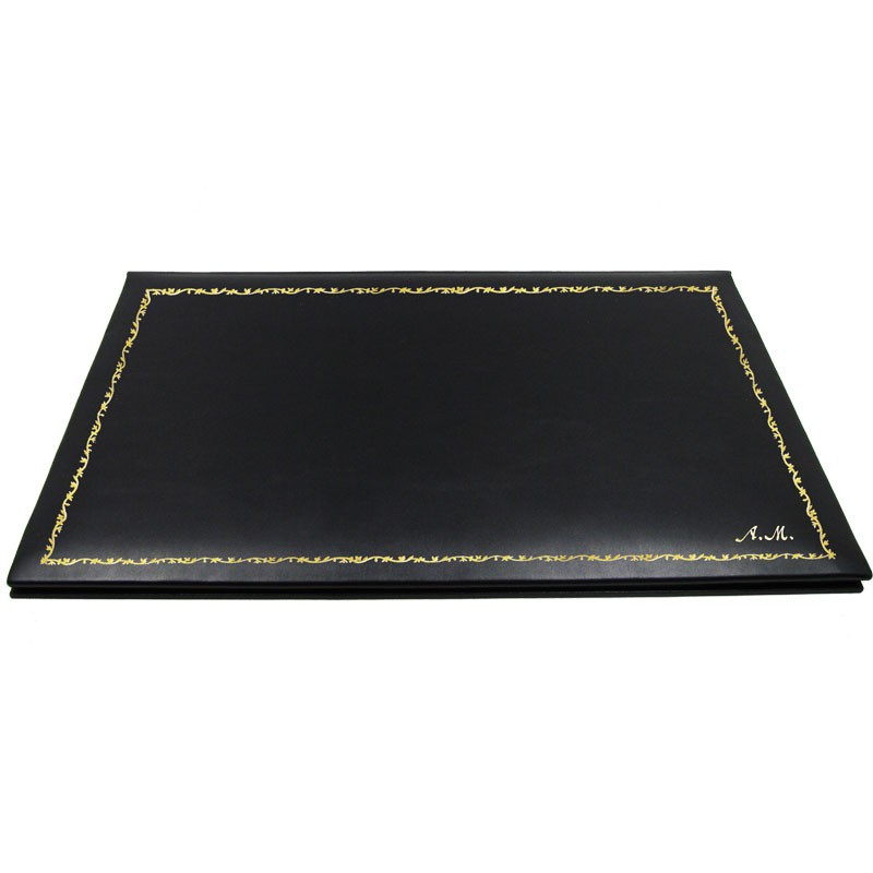 Dark leather desk pad, black calf leather - Conti Borbone - customizable opening pad - decoration 150 - italic