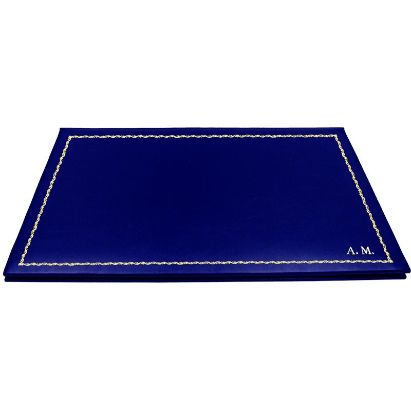 Bluette leather desk pad, blue calf leather - Conti Borbone - customizable opening pad - decoration 90 - block letters
