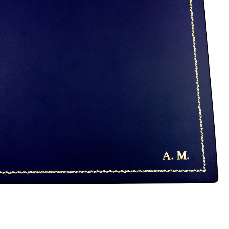 Sottomano doppio pelle Bluette, pelle di vitello blu - Conti Borbone - personalizzato - decorazione 90 - stampatello