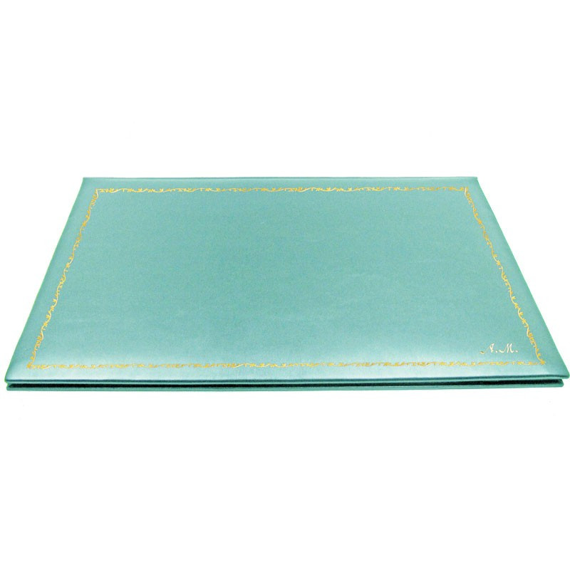 Turquoise leather desk pad, blue calf leather - Conti Borbone - customizable opening pad - decoration 150 - italic