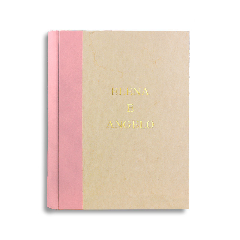 Album foto Camelia con dorso in pelle di colore rosa e carta pergamena - Conti Borbone - personalizzazione stampatello