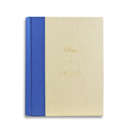 Album foto Cobalto con dorso in pelle di colore azzurro e carta pergamena - Conti Borbone - personalizzazione corsivo